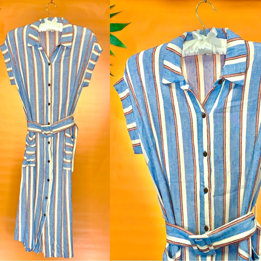 SOLD- Monteau Striped Shirt Dress Blue Orange Cream Belt Pockets